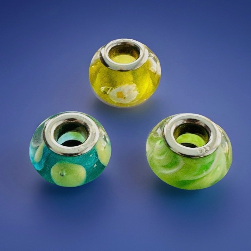 925 Silver & Colorful Art Glass Slider Charm Beads SET of 3